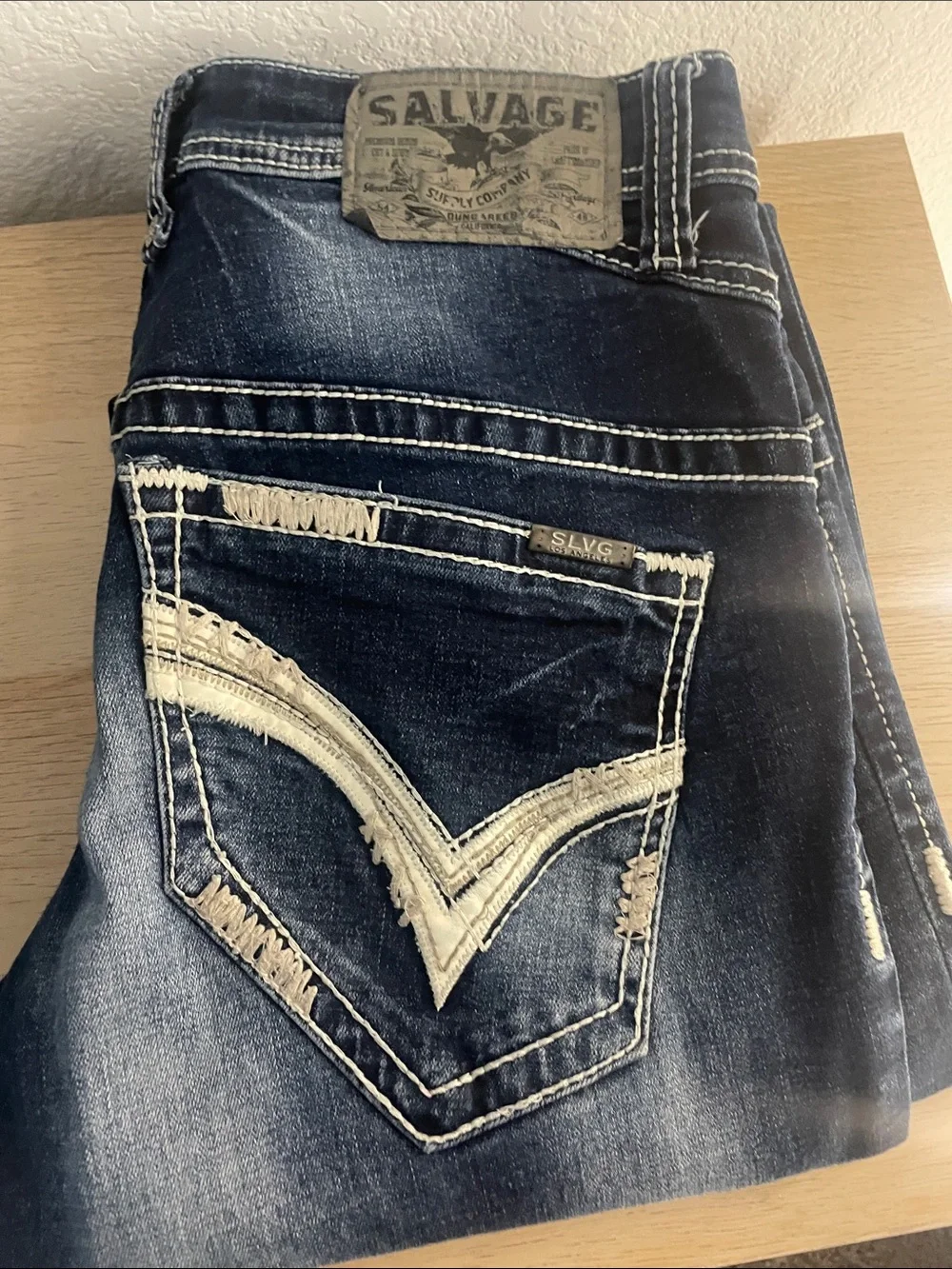 Salvage Men’s Slim Straight Navy Blue Jeans with White Contrast Stitching